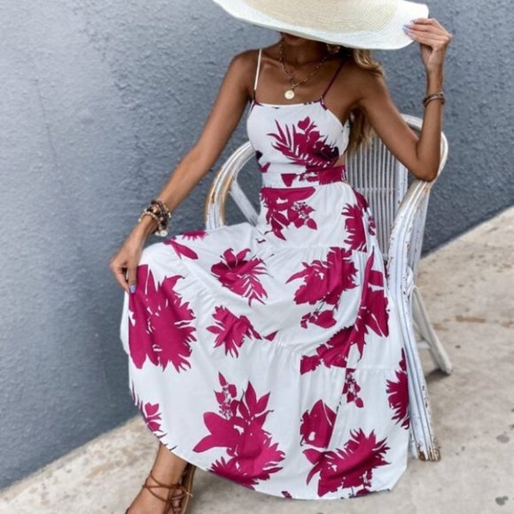 undefined Dresses & Skirts - Boho pink white floral tropical print tie back maxi dress